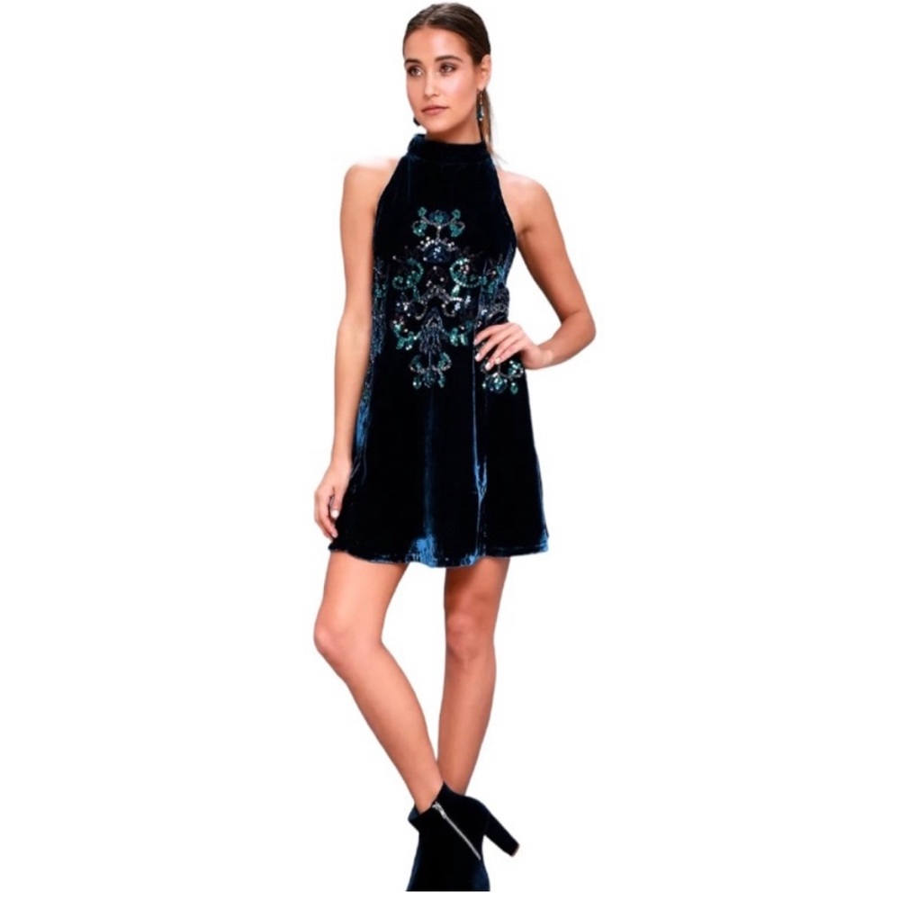 Free People Jill's Sequin Swing Mini Dress  Blue Combo XS NWT